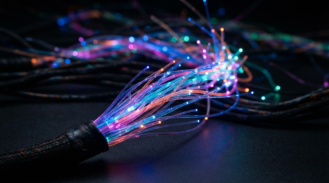 Macro shot of a fiber optic bundle fanning out in blue, magenta and teal against matte black