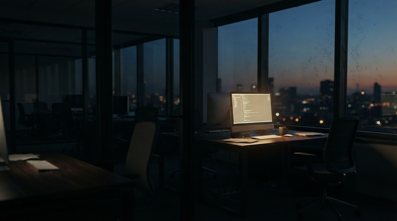 Empty office floor at dusk, one monitor still glowing against a city skyline