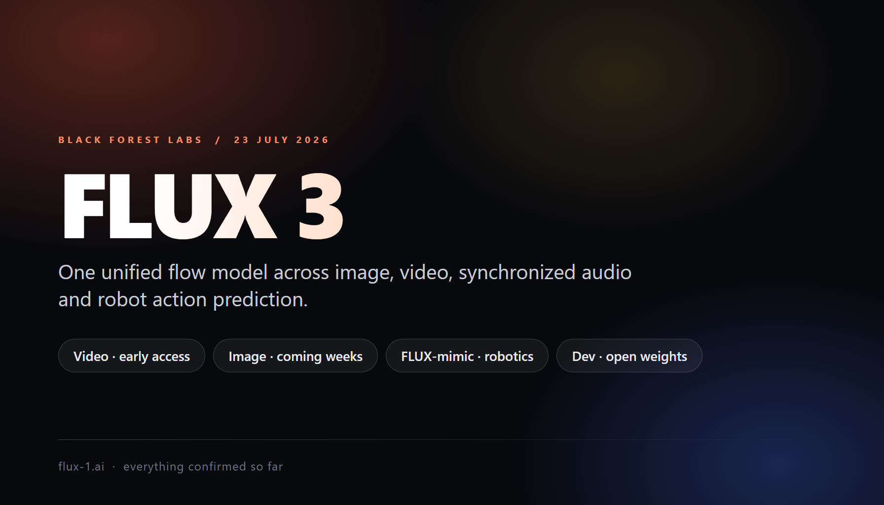 FLUX 3 title card describing Black Forest Labs' unified multimodal flow model for image, video, audio and action