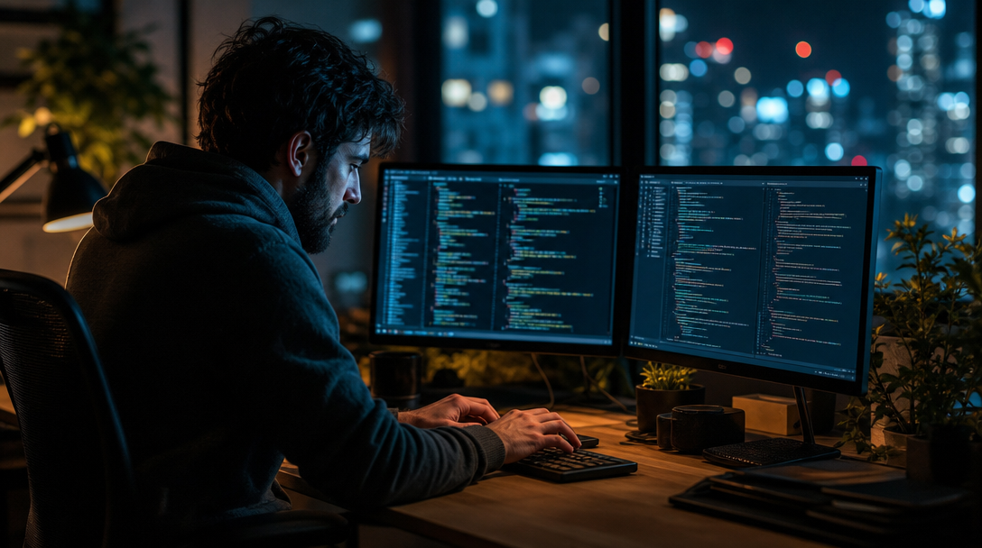 Developer working on an image pipeline in a code editor across dual monitors at night, city lights behind