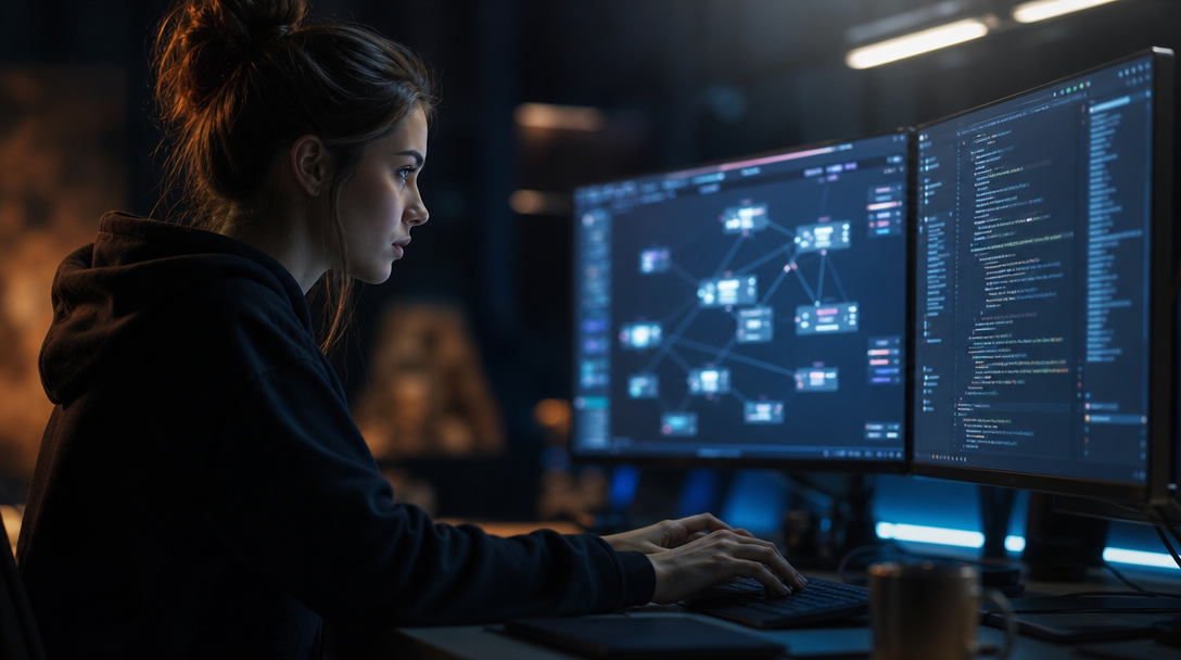 Engineer reviewing a node-based AI workflow graph next to its code implementation on a second screen