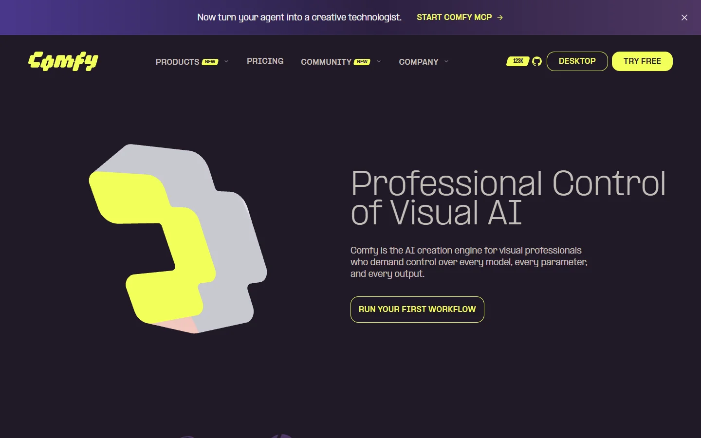 ComfyUI homepage showing the open source visual AI creation engine