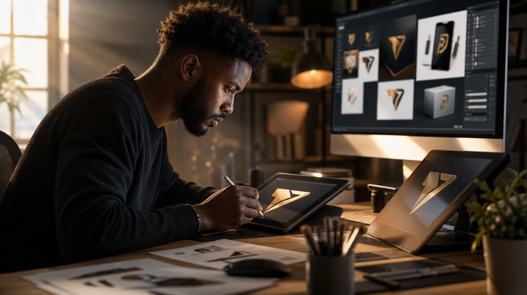 Creative workspace with brand visuals displayed across tablets and screens