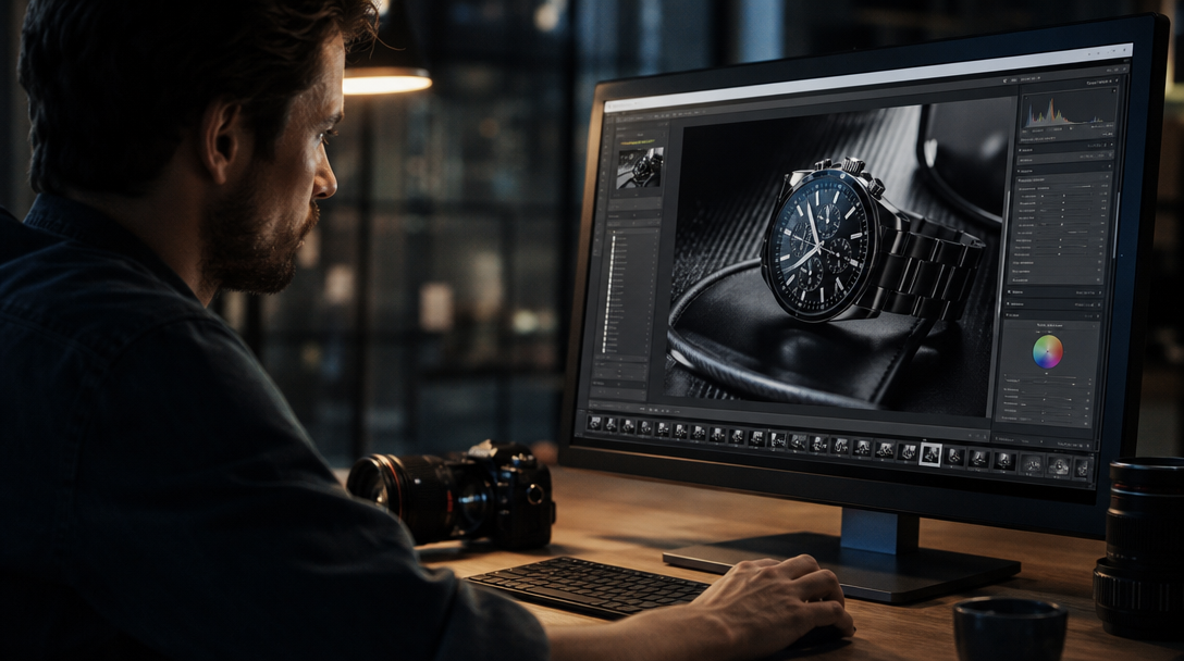 Photographer editing product shots on a calibrated display