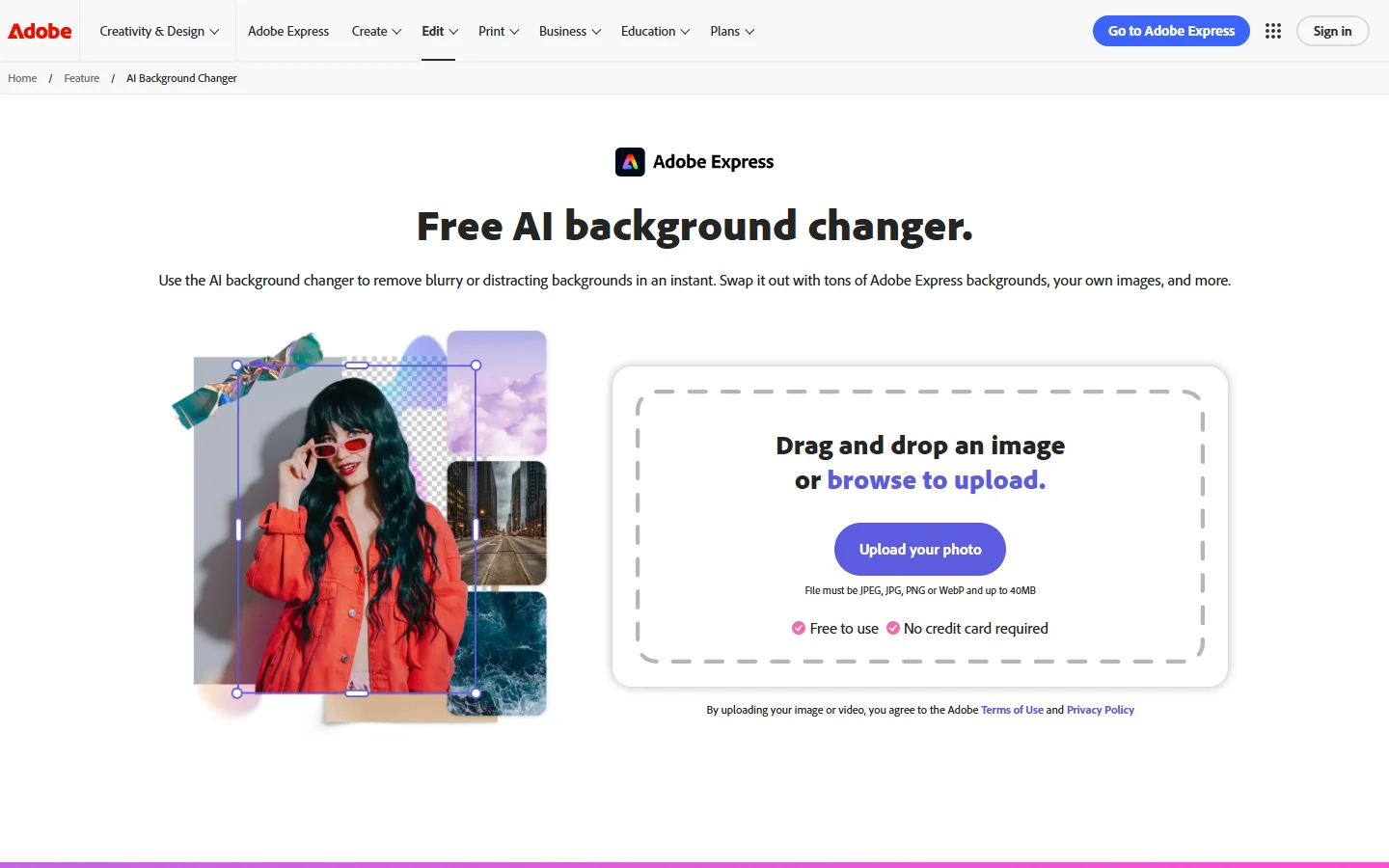Adobe Express AI background changer interface