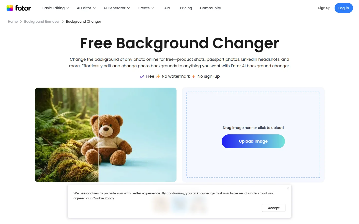 Fotor background replacement tool homepage
