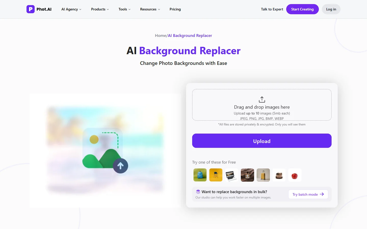 Phot.ai background replacer tool interface