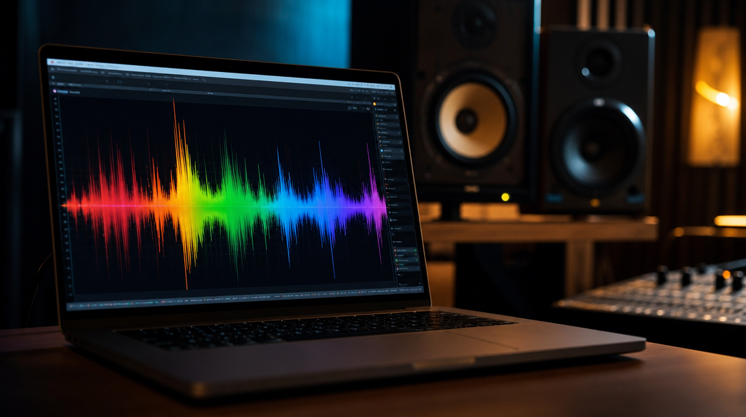 Audio waveform glowing with warm spectrum colors against a dark production studio backdrop