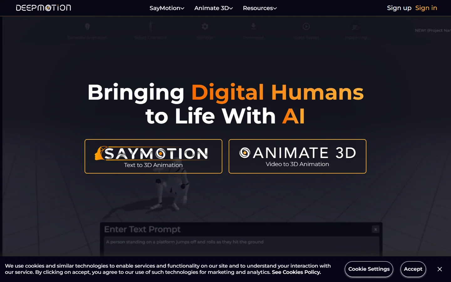DeepMotion homepage showing motion capture tools