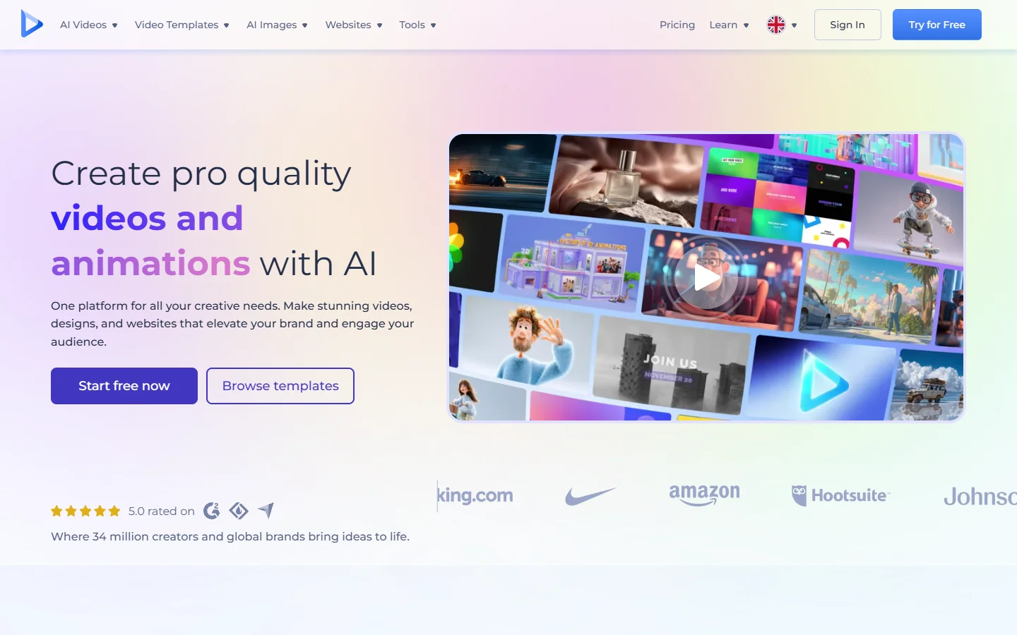 Renderforest homepage showing animation template tools
