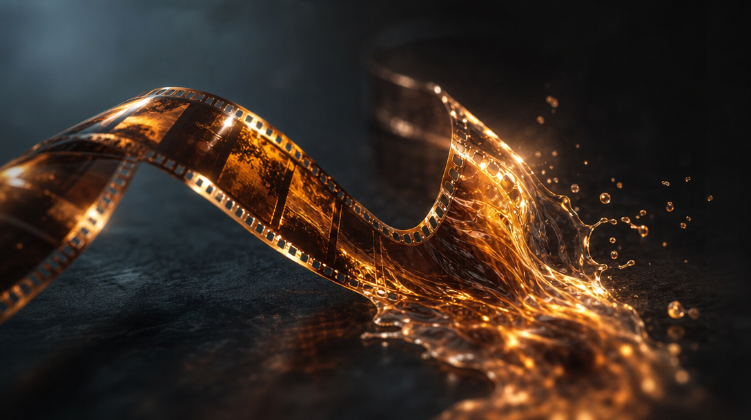 Film strip dissolving into flowing liquid light on a studio table