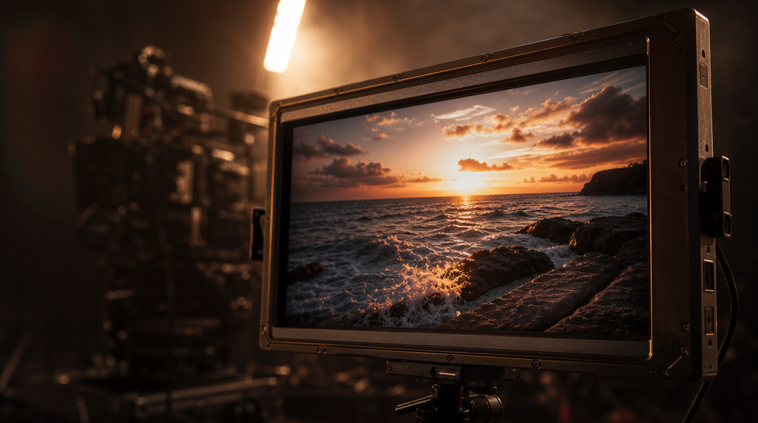 Director's monitor in a dark studio showing a rendered sunset ocean scene