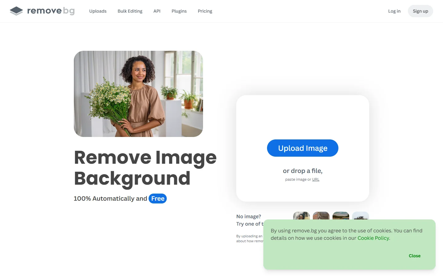 Remove.bg homepage showing instant AI background removal