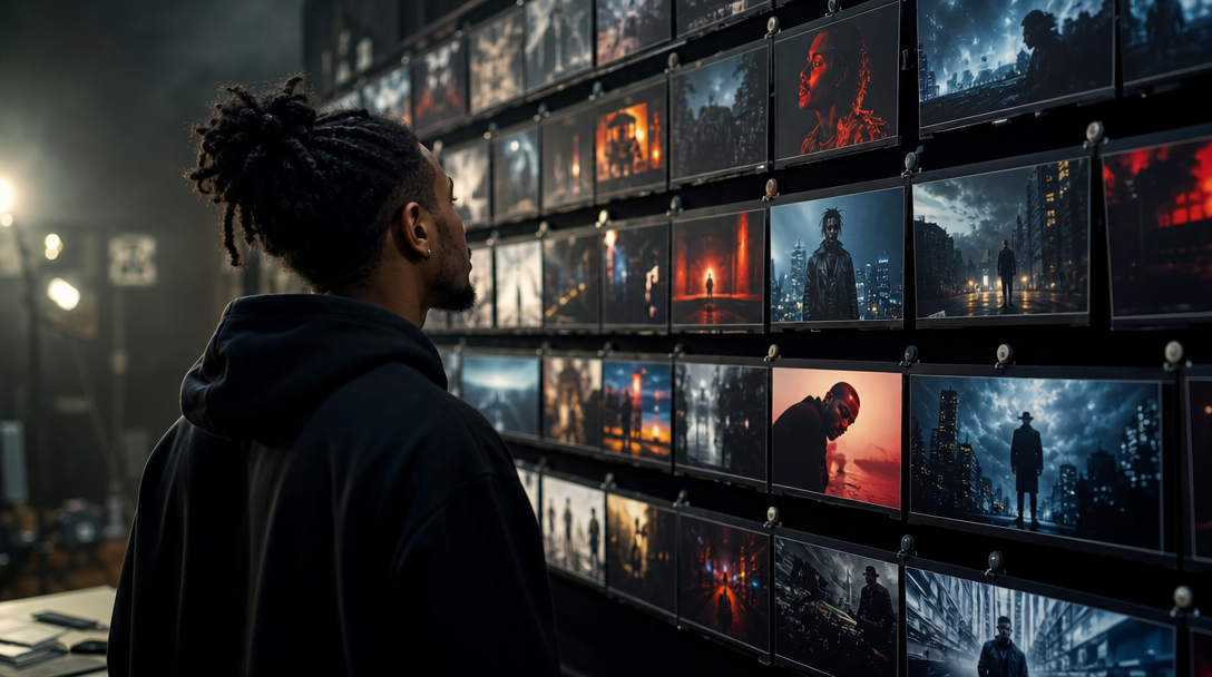 FLUX reference frames showing consistent character style across music video scenes