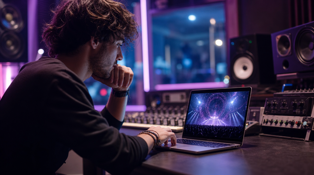 Musician reviewing AI-generated concert visuals on a laptop in a recording studio