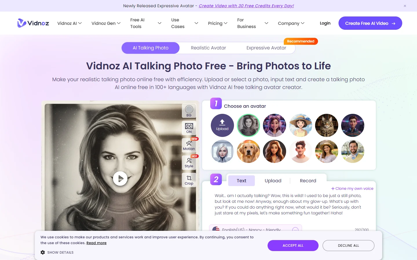 Vidnoz talking photo tool homepage