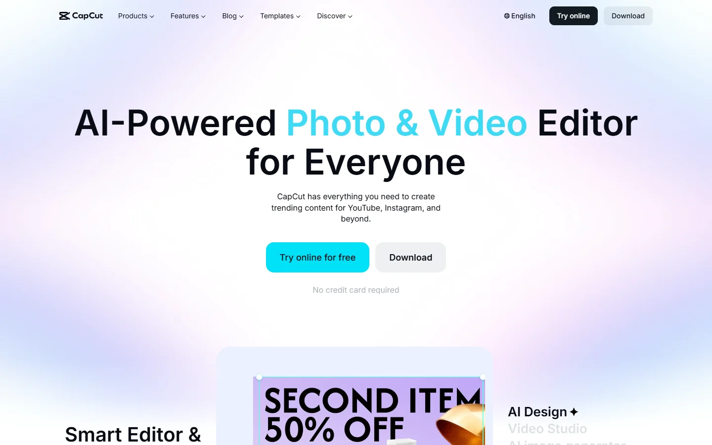 CapCut homepage showing AI video editing features