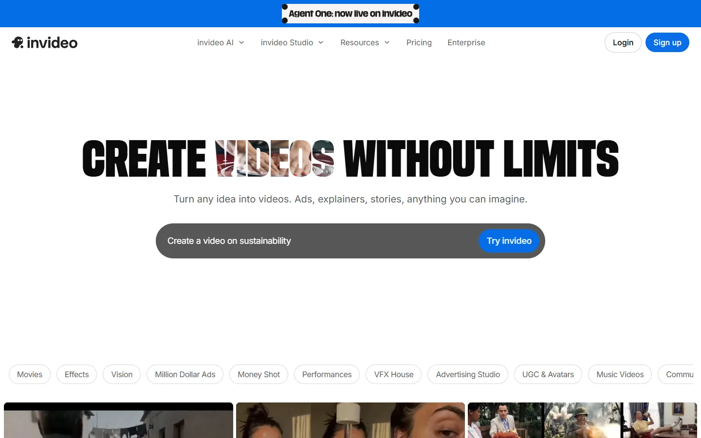 InVideo AI homepage with text-to-video generation interface