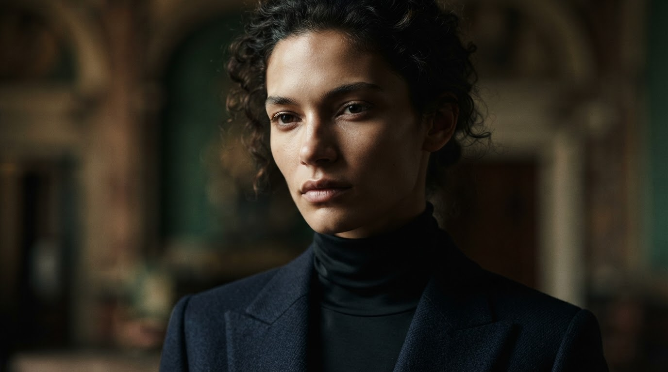 Studio portrait of a model with flyaway hair against a matte backdrop, rim lit, lookbook quality