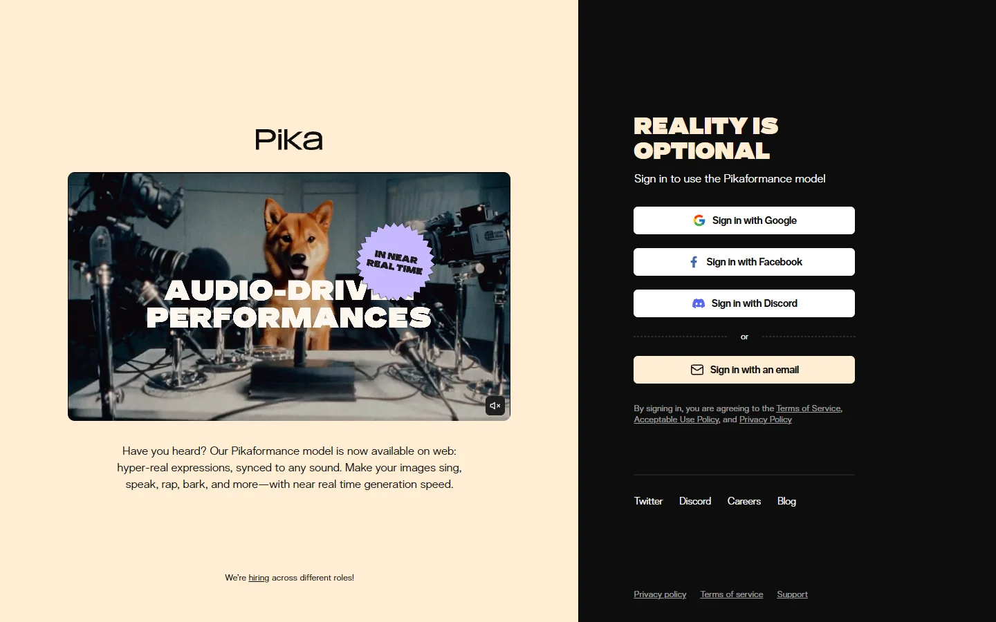 Pika homepage showing their AI video creation tools