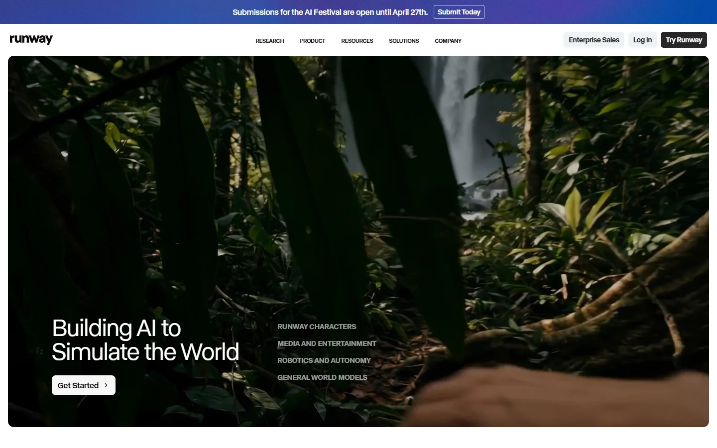 Runway homepage showing their AI video generation platform