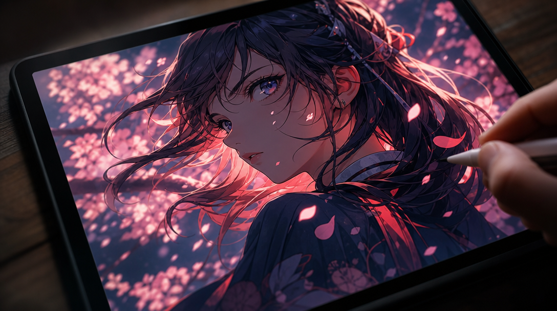 Anime-style portrait on a digital tablet with cherry blossoms and rim lighting