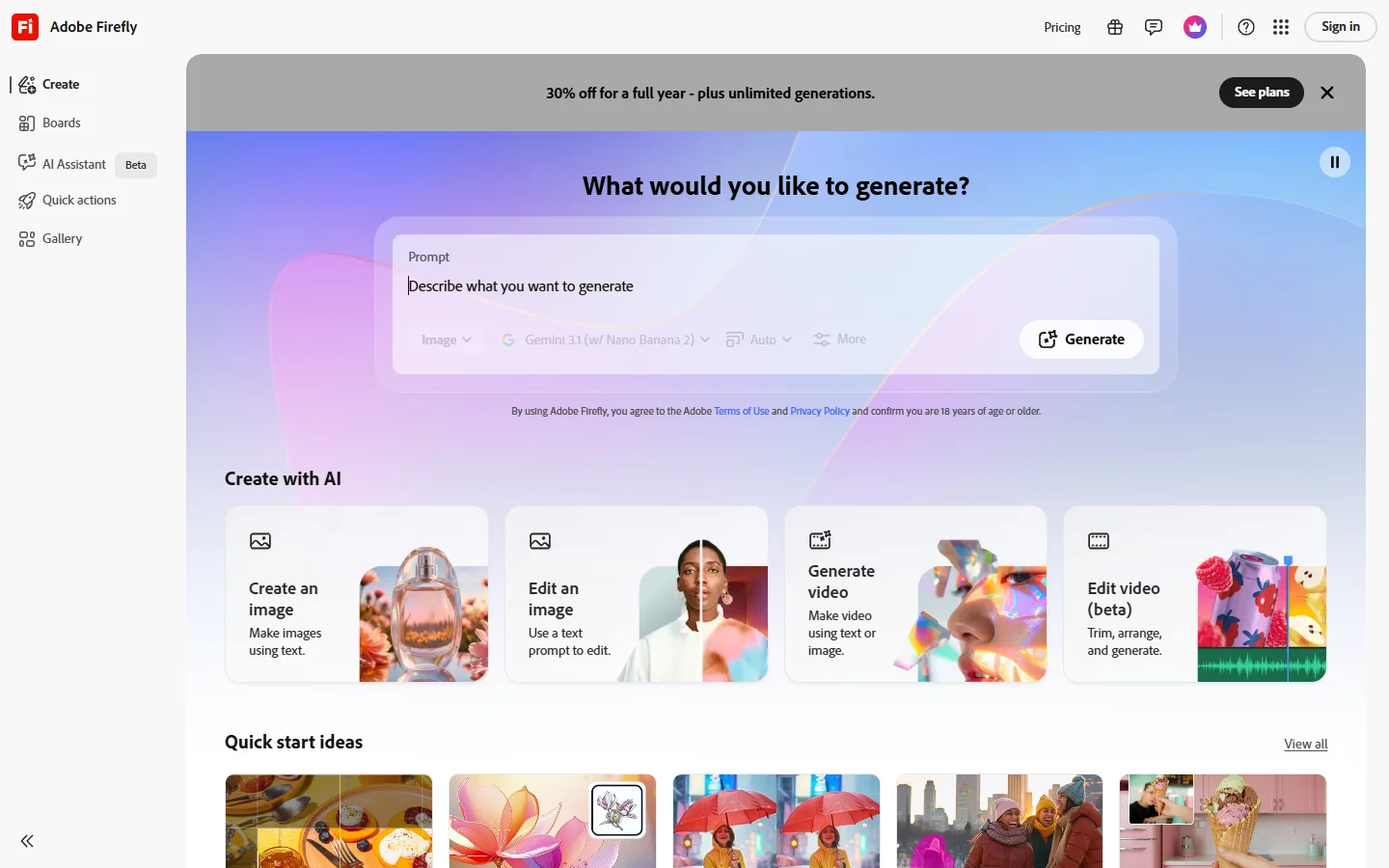 Adobe Firefly homepage showing AI image generation tools