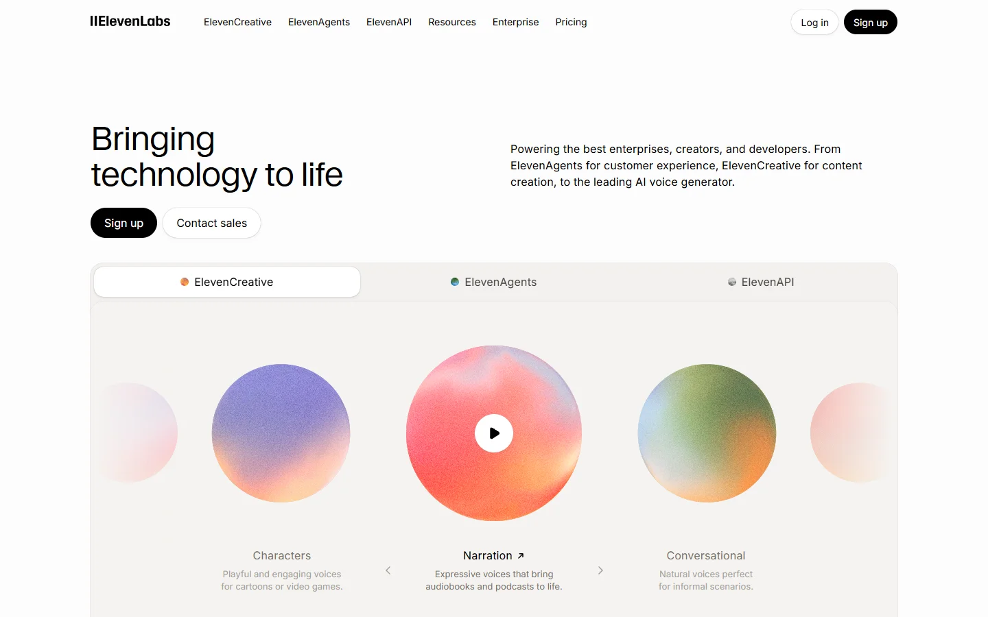 ElevenLabs homepage showing their AI voice generation platform