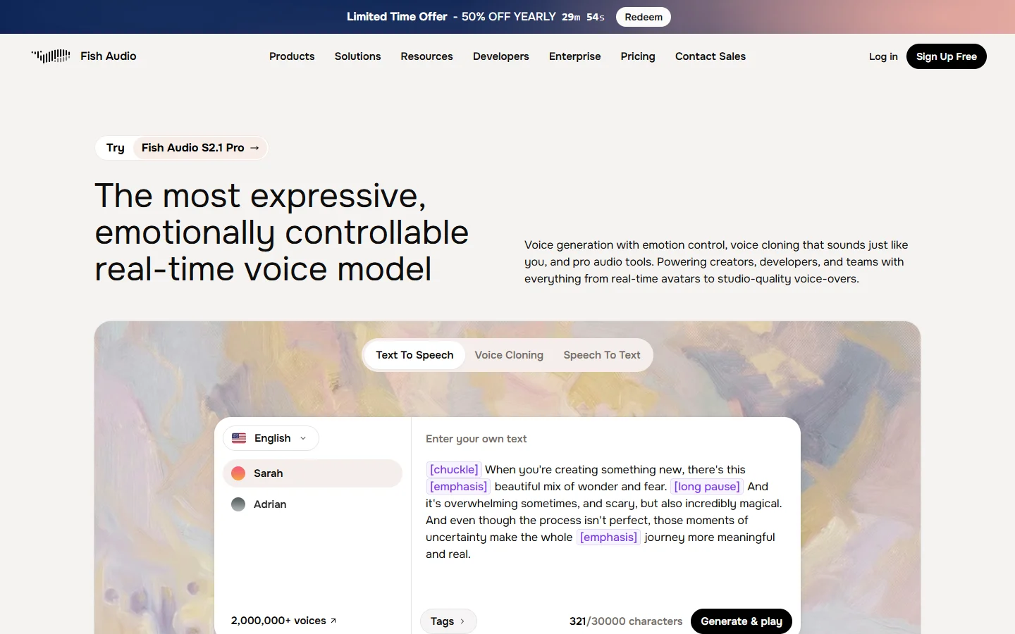 Fish Audio homepage featuring their conversational AI voice engine