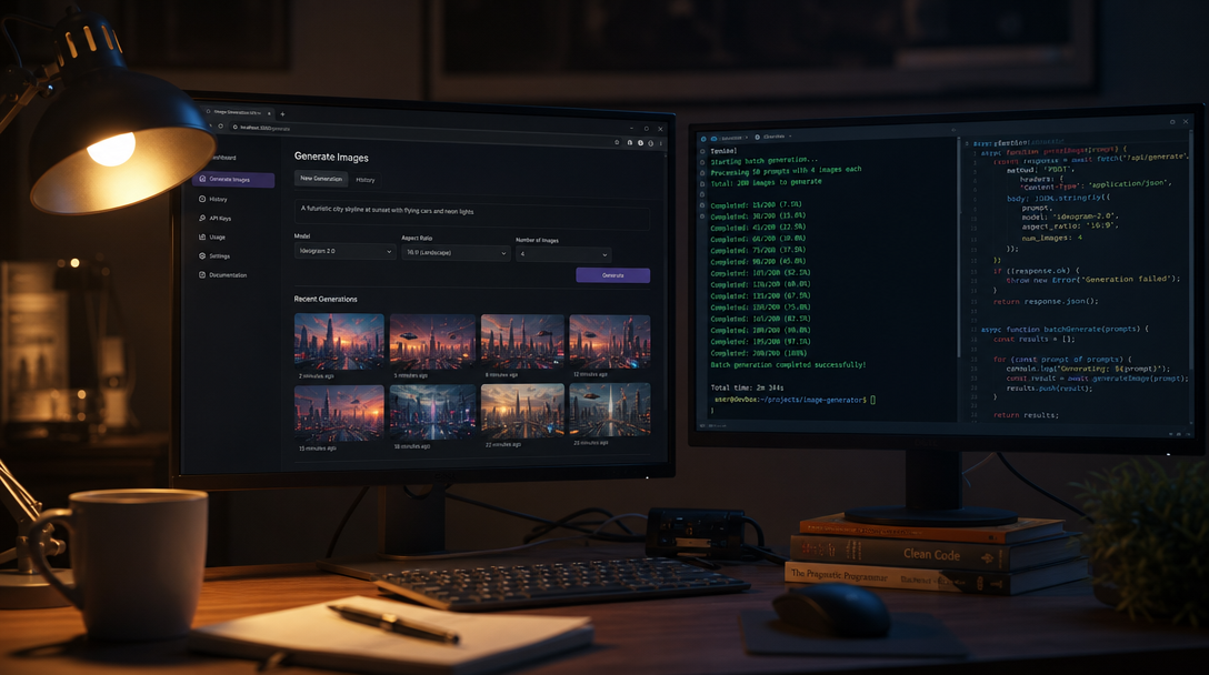 Developer workspace with monitors showing image generation API dashboards and batch render outputs