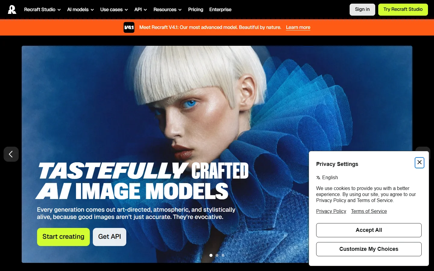 Recraft.ai platform homepage showing the design-forward AI image generation interface