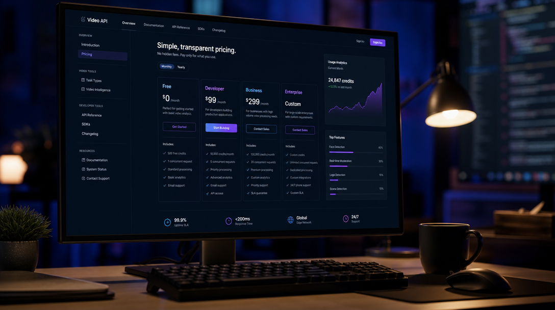 Dashboard view showing API cost calculator with video generation pricing tiers and usage metrics