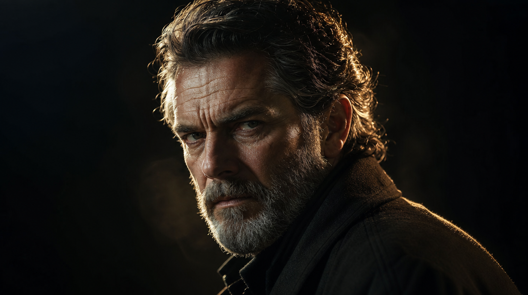 FLUX portrait render of a weathered man lit by a single warm key light against deep shadow