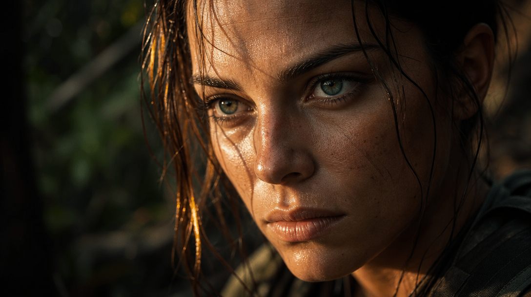 Hyperreal FLUX close-up of a woman with rain-soaked hair and striking green eyes in low evening light