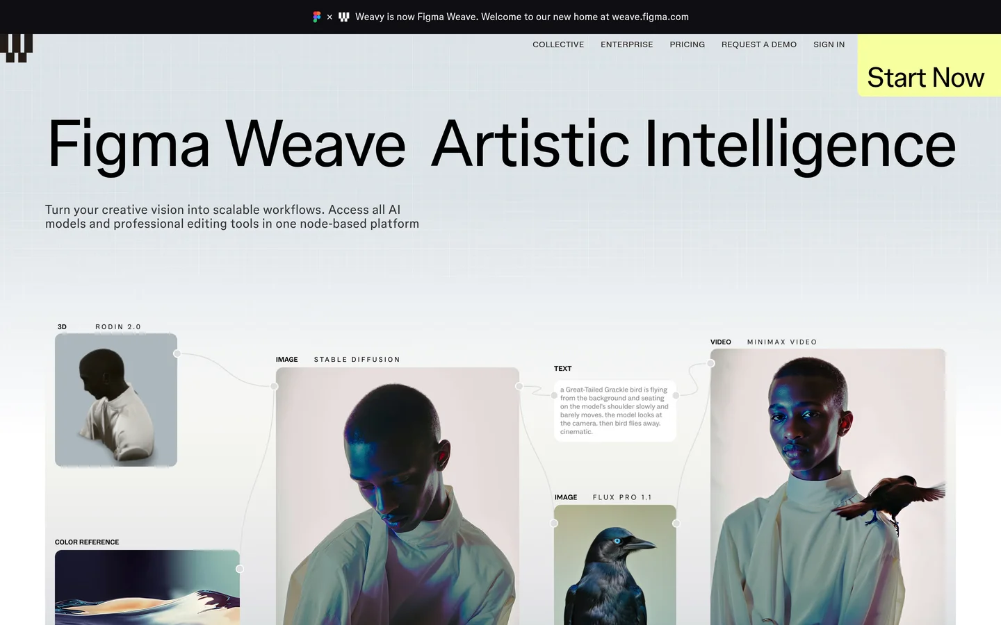 Weavy homepage showing the node-based creative canvas