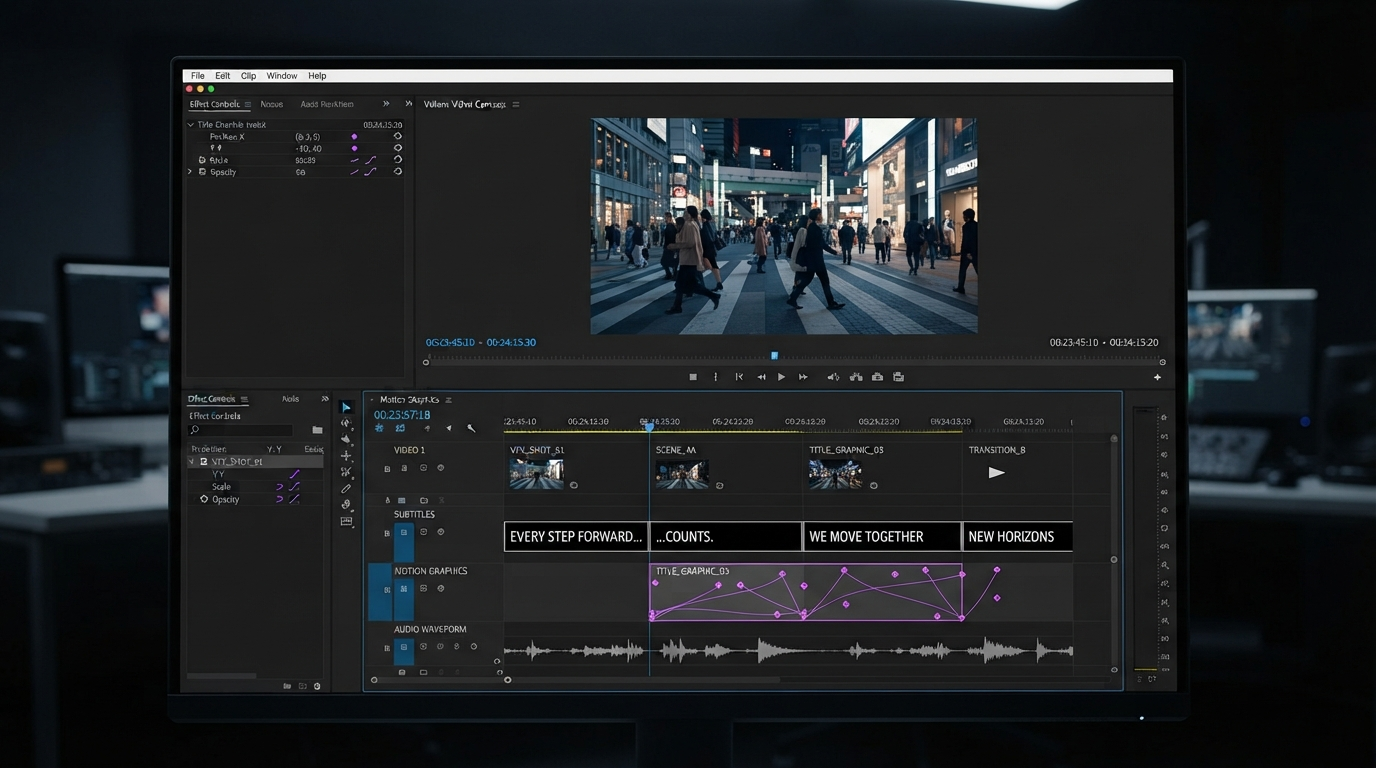 Dark video editor timeline with caption track, keyframe diamonds and an easing curve for an agent driven edit