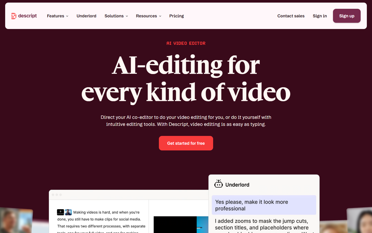 Descript homepage showing transcript based video editing
