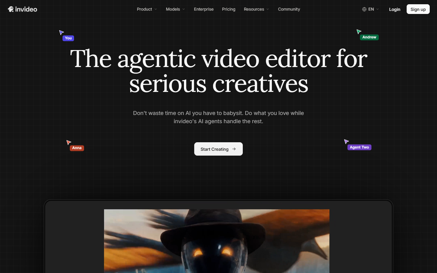 invideo homepage showing AI driven video editing from a text brief