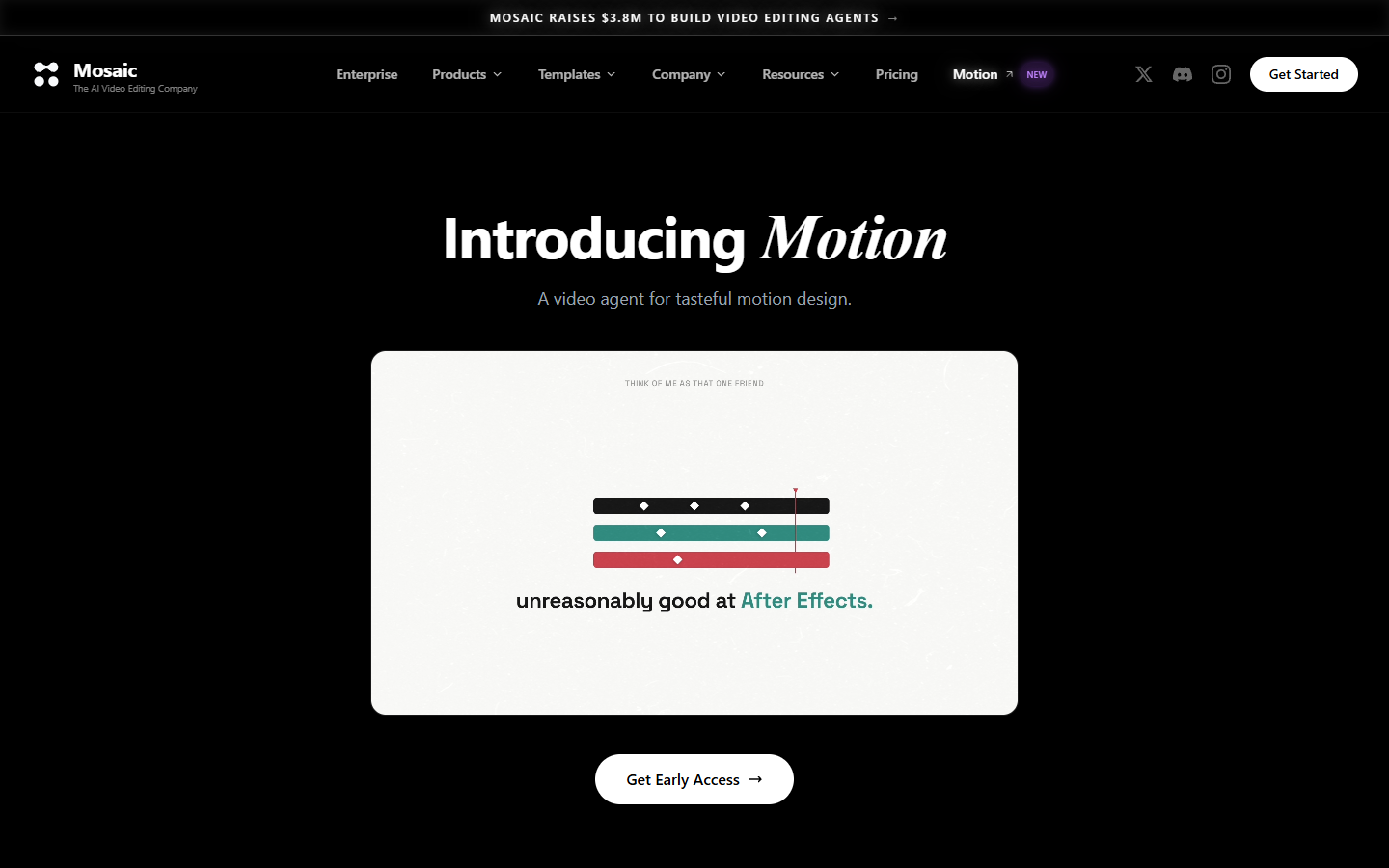 Mosaic homepage announcing Motion, its video agent aimed at motion design