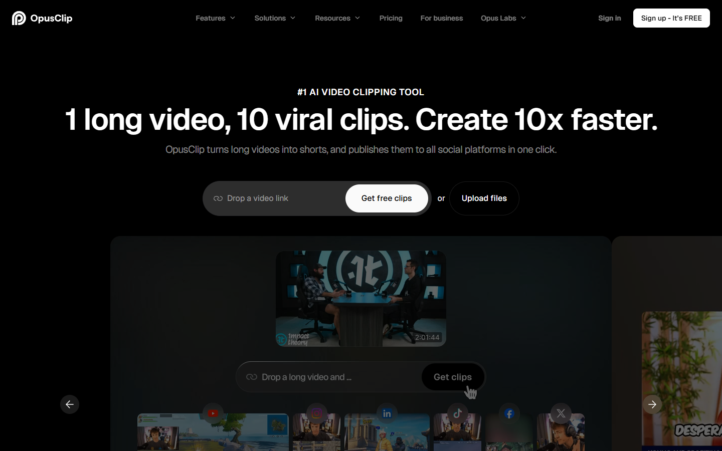 OpusClip homepage showing its AI video editing agent for short form clips