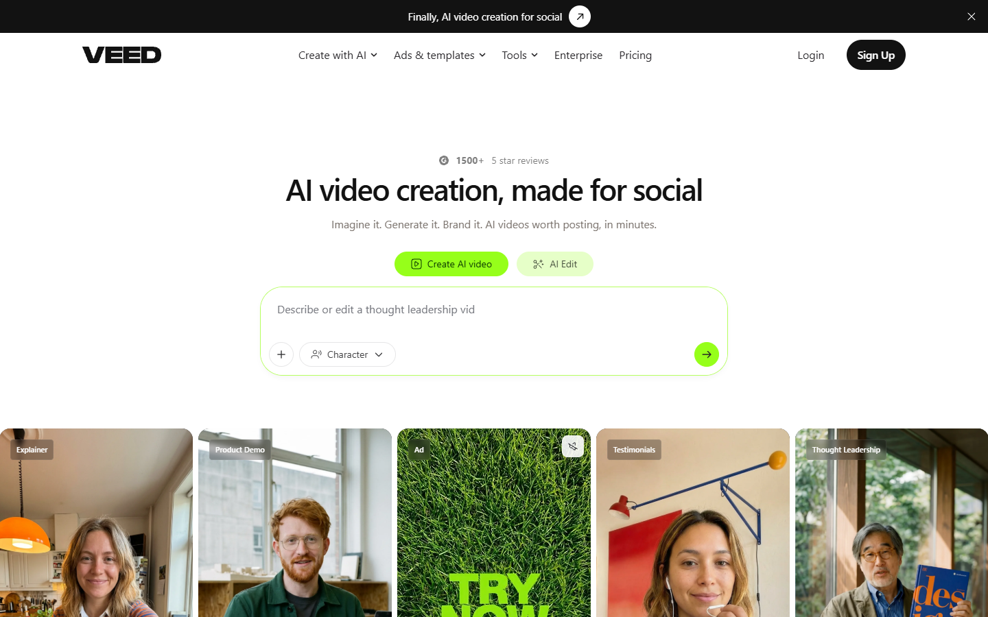 VEED homepage showing its chat based AI video agent