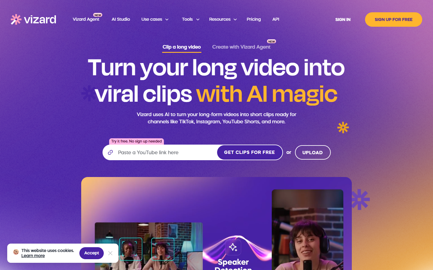 Vizard homepage showing automatic clip extraction from long videos