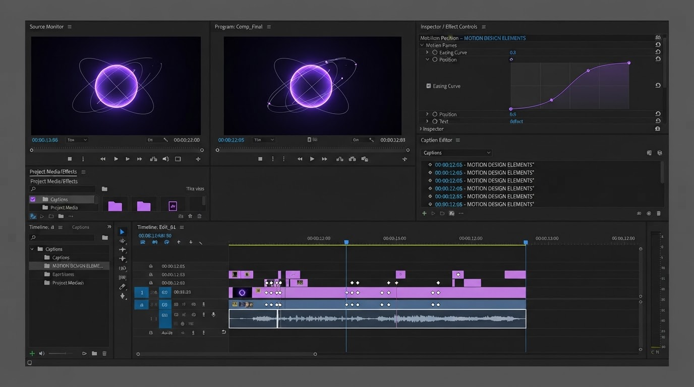 Motionbox timeline showing caption layers, keyframe markers and an easing curve on an agent assembled cut
