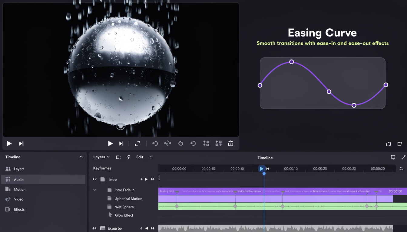 Dark video editor timeline with clips, caption track, and keyframe markers being assembled by an editing agent