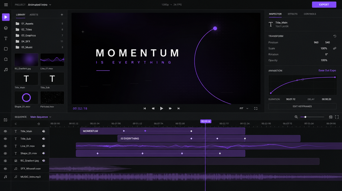 Motion graphics timeline with title layers, keyframe diamonds, and an easing curve open in the inspector