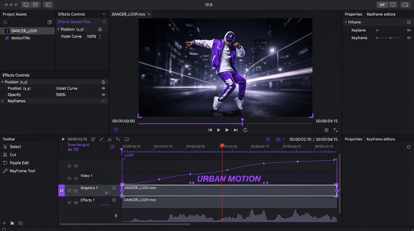 Dark editor timeline with clip layers, keyframe diamonds and an easing curve for an AI generated shot