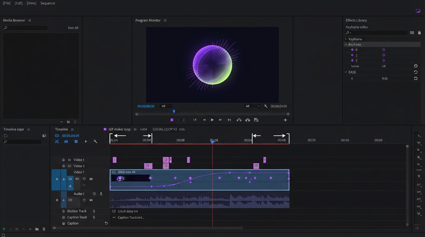 Caption track and layer stack in a dark video editor with AI generated clips imported as separate scenes