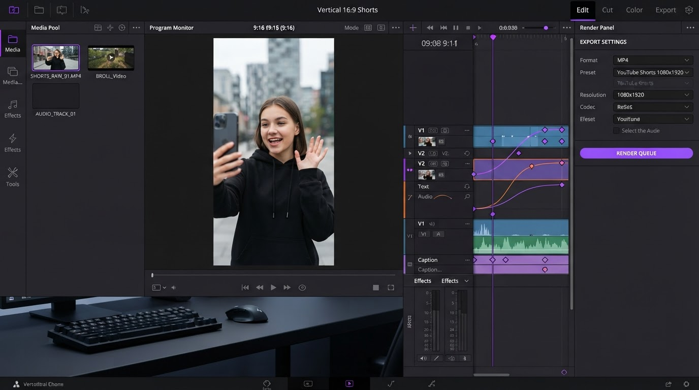 Dark Motionbox timeline with clips, keyframe diamonds and an easing curve for an automated video render