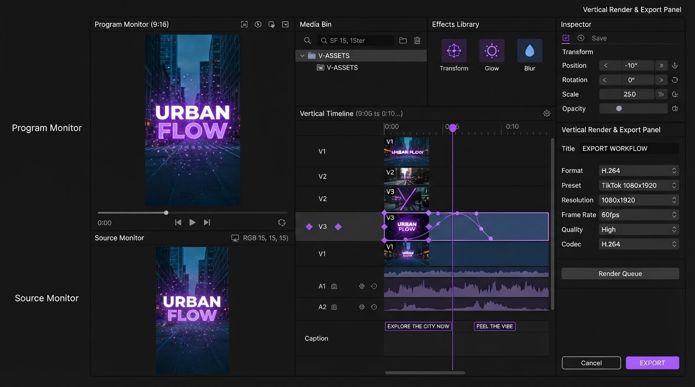 Motion graphics editor showing caption layers and keyframe markers above a rendered clip