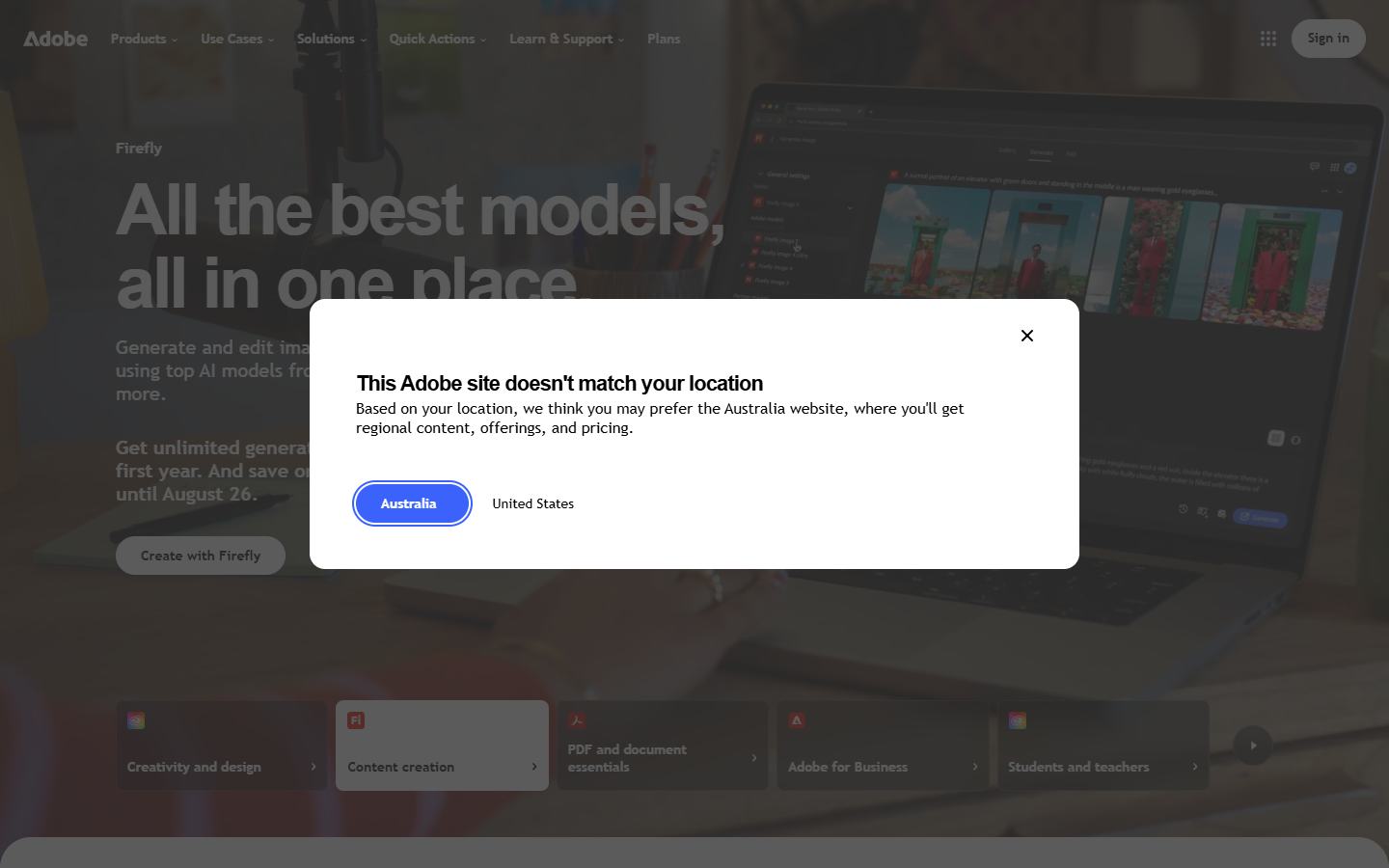 Adobe homepage showing Photoshop and Firefly generative editing tools